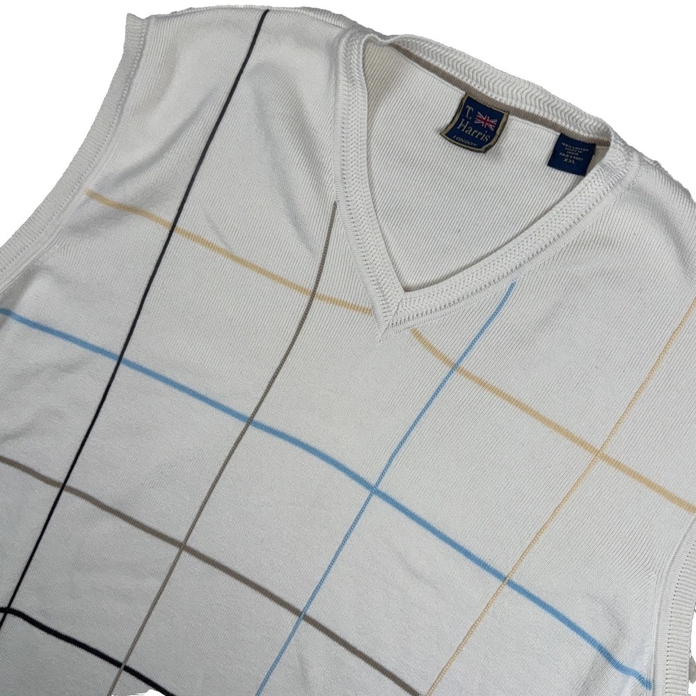T. Harris London Sweater Vest Mens XXL White Windowpane Plaid V-Neck Cotton